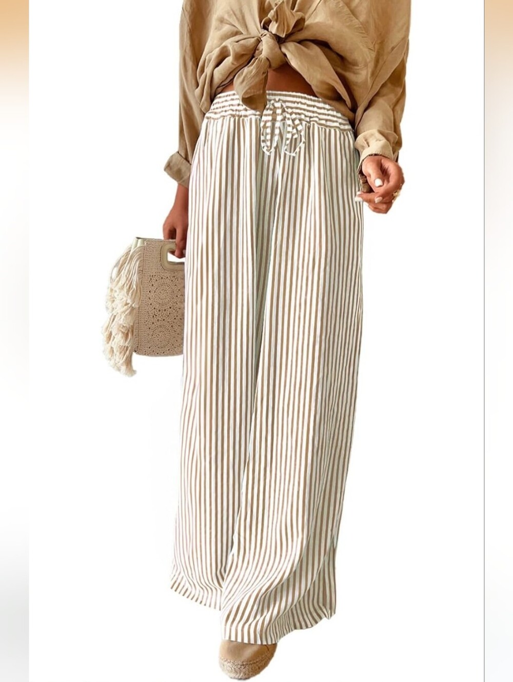 Striped Wide Leg Drawstring Pants - Cream & Tan